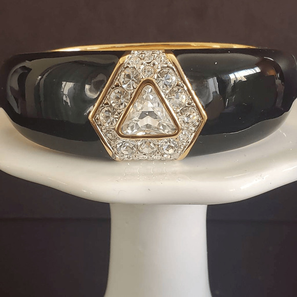VTG Swarovski Black Enamel Hinged Bangle with Crystals Signed S.A.L.‎ 80's - Picture 4 of 10